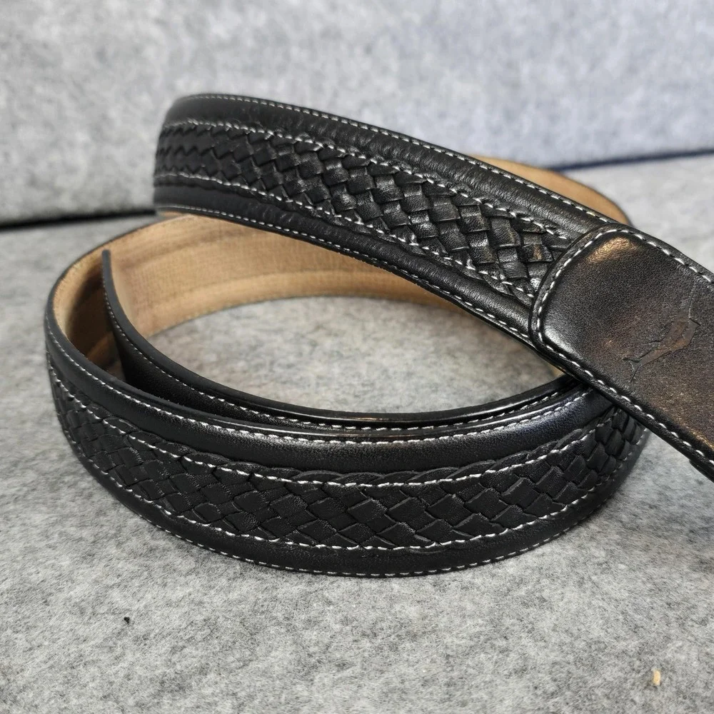 Tommy Bahama Belt Mens 44 Black Braided Leather Top Grain Geometric Stitched